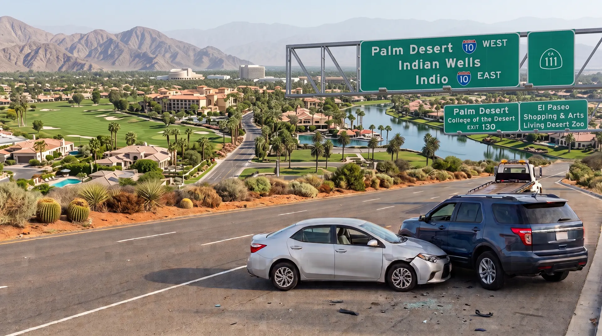 Two-car crash on a desert highway near Palm Desert, CA, with golf communities, palm trees and mountains in the background